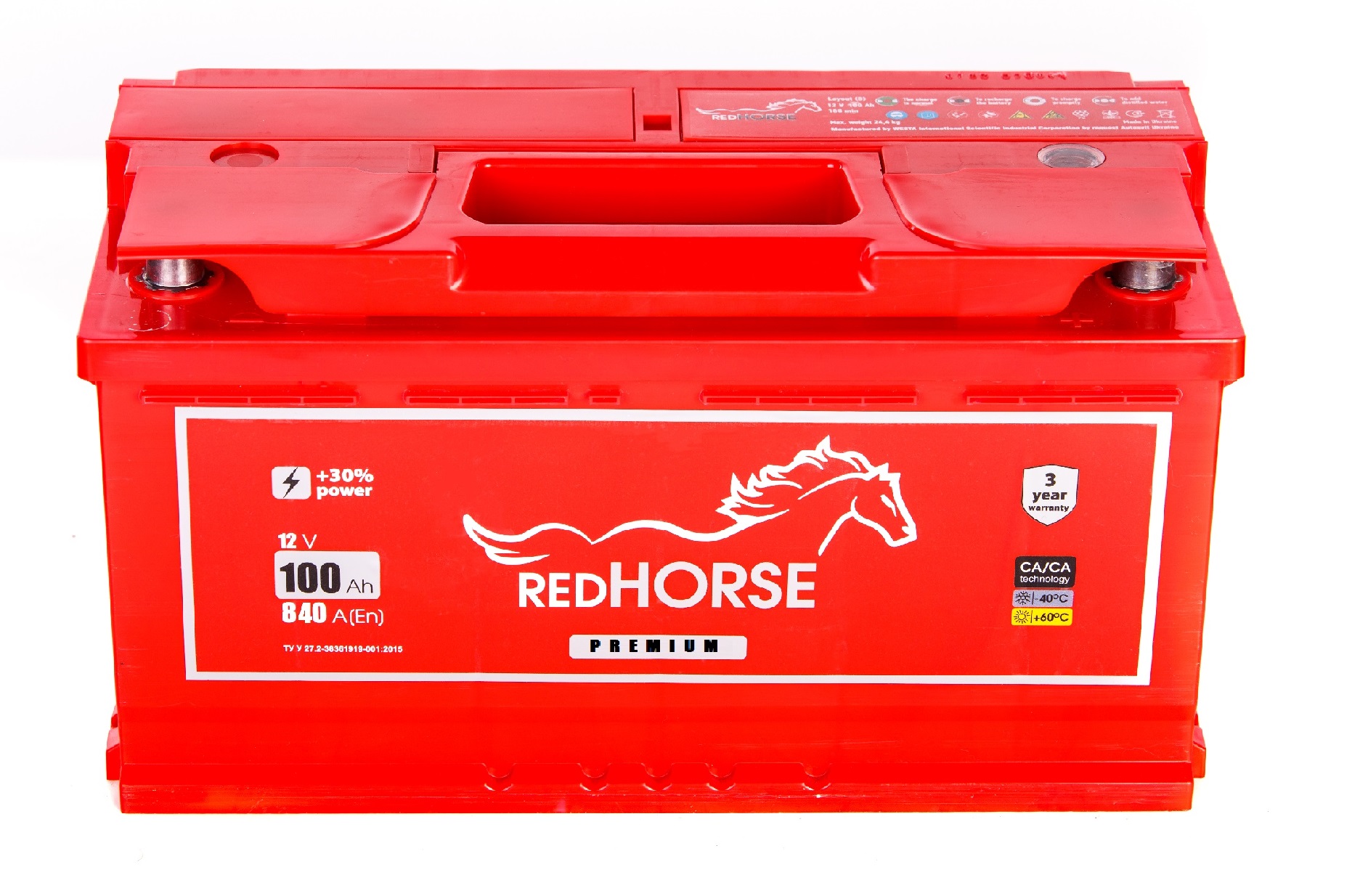 Акумулятор легковий Red Horse Premium 6СТ-100(0), 12B, 100Ah, 840A, плюс праворуч (R+) кальцієвий (Ca/Ca), 353x175x190мм (RHPREM100E0)